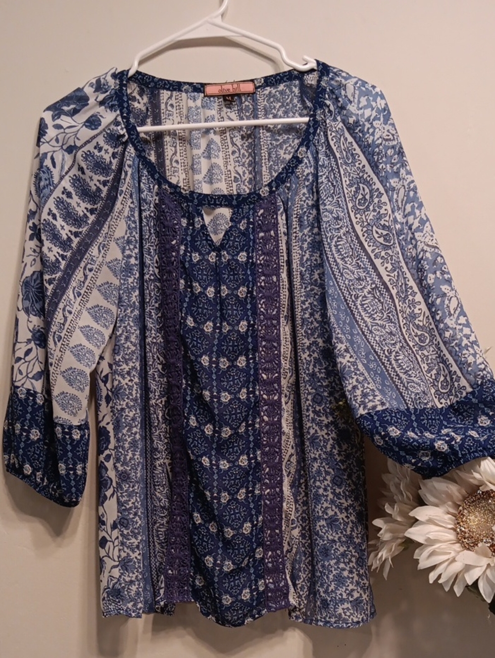 Olive Hill ,Oak Navy and White Boho Print Peasant Blouse